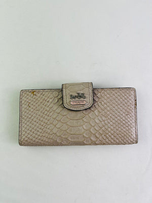 Coach Slim Pink Beige Snakeskin Embossed Leather Snap Wallet Horse & Carriage