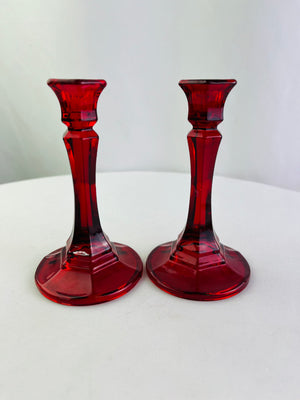 Indiana Glass Ruby Red Hexagonal Taper Candlestick Holders Set of 2 Vintage