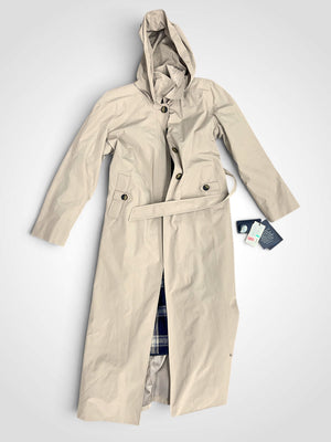 London Fog Coat Beige Hooded Trench Long Belted Plaid Lined Button NWT Size 8