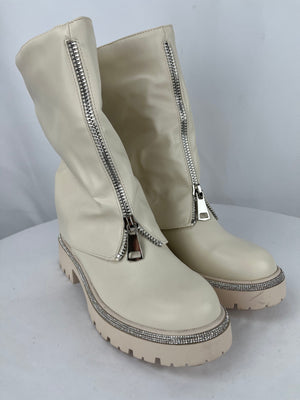 Fashionova Alpha Crystal Embellished Trim Beige Women's Boots Size 7
