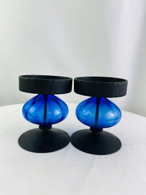 Erik Höglund for Kosta Boda Blue Glass & Wrought Iron Candle Holders Set of 2