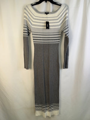 Express Gray And White Striped Ribbed Long Sleeve Maxi Sweater Dress - Medium