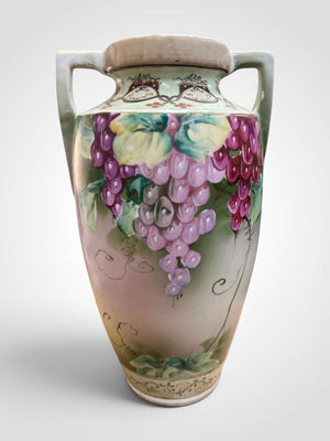 Antique Nippon Hand Painted Purple Grapes Two Handled Urn Vase ESO Mark 10.5"