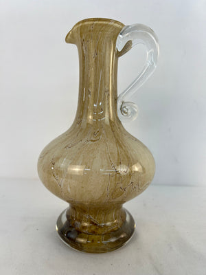 Vintage Hand Blown Art Glass Pitcher Jug Marbled Brown Cream Clear Swirl Handle