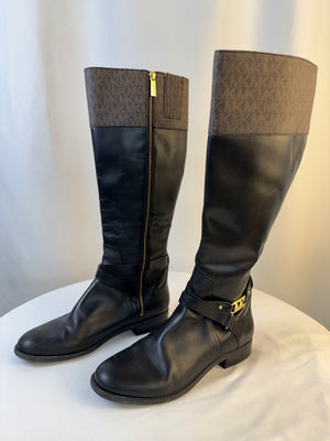 Michael Kors Kincaid Leather & Logo Riding Boot Black/Brown Women's 9M
