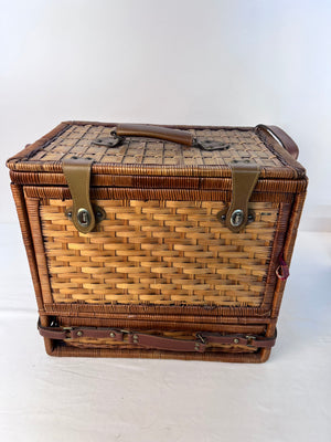 Vintage Multi Tier Wicker Picnic Basket Front Drop Door Plaid Lining Retro 90s