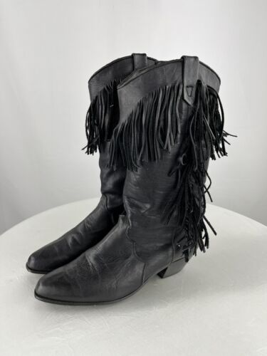 Vintage Dingo Black Soft Leather Fringe Cowboy Boots 80's Women's US Size 8.5M