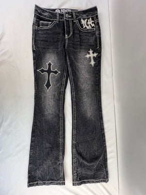 Ninth Hall Alyssia Cross Embroidery Flare Jeans Grey Black Wash Size 6 NWT