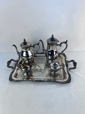 WM Rogers Silver Plate 5pc Tea Set: Teapot／Coffee Pot／Tray／Creamer & Sugar Bowl