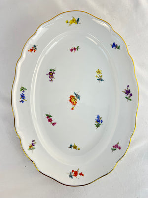 Meissen Scattered Flowers Oval Platter 14" Hand Painted Porcelain Gold Trim