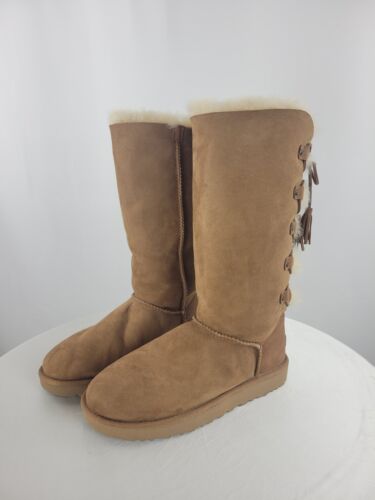 UGG Pure Wool-Lined Suede Boots Lace-Up Tall Brown Women's 10