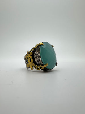 925 Sterling Silver Ring 21.5g Blue Stone Bold Size 7.5 Two-Tone