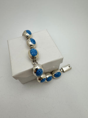 Mexico 925 Sterling Silver Denim Lapis Bracelet 42.1g Oval Cabochon 8 in. Boho