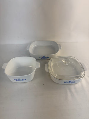 VTG CorningWare Blue Cornflower Lot 3pc Casserole A-8-B w Lid, A-10-B, P-1 3/4-B