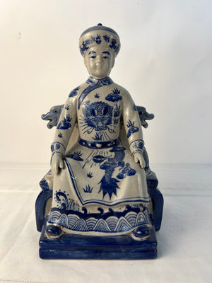 Vintage 13" Blue White Figurine Figurine Statue Sitting Emperor on Dragon Chair