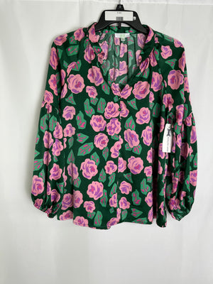 Azalea Jane Jade Melody Tam Green & Pink Print Satin Blouse Size Small NWT