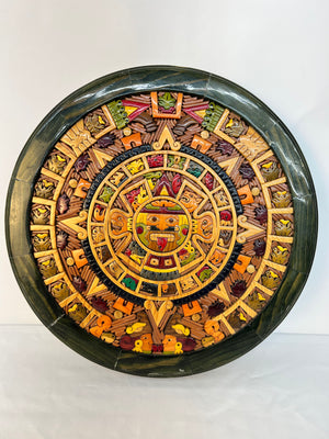 Artesanal Axteca Mayan Aztec Calendar Plaque Marquetry Inlaid Mosaic Wood 14”