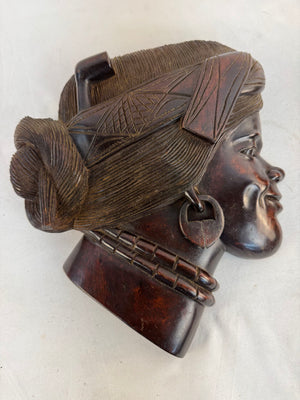 Vtg Filipino Hand Carved Wood Wall Bust Pair Igorot Tribal Folk Art Plaques 11"