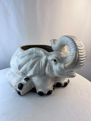 RARE Large Vintage Hand Painted Ceramic Sitting Trunk Up Elephant Planter
