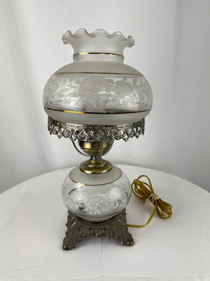 Vintage Quoizel Hurricane GWTW Double Globe Glass Lamp Etched Flowers 3 Way Lamp