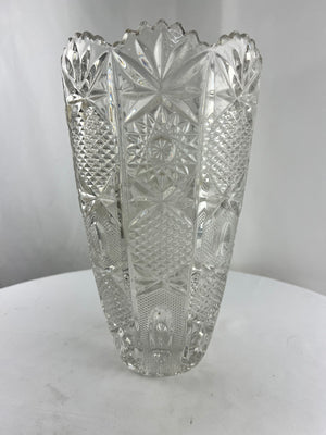 Vtg 12.5" American Brilliant Cut Crystal Vase Fluted Sawtooth Pineapple Glass