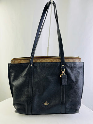 Coach May Black Pebbled Leather Tote with Signature Khaki Canvas Detail 1575