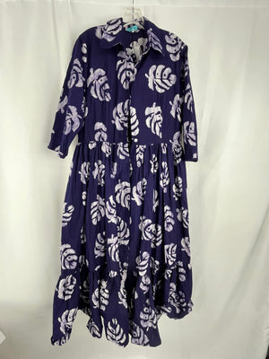 Sika Purple and White Leaf Print Cotton Maxi Shirt Dress Casual Dress 14R NWT
