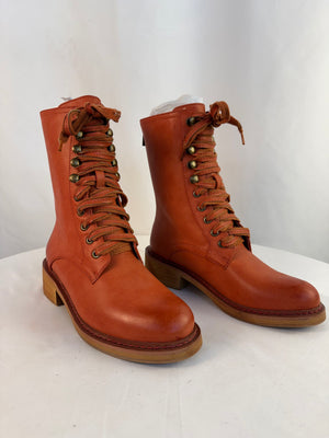 Beast Fashion Cognac Laced Zipper Back Orange Combat Boot Women's 6