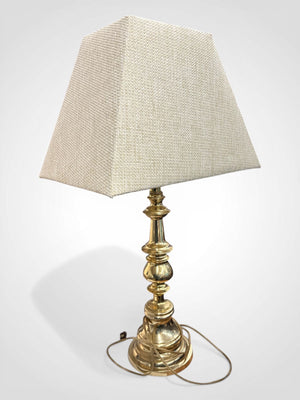 Vintage Brass Table Lamp Mid-Century Modern Beehive Candlestick Base Woven Shade