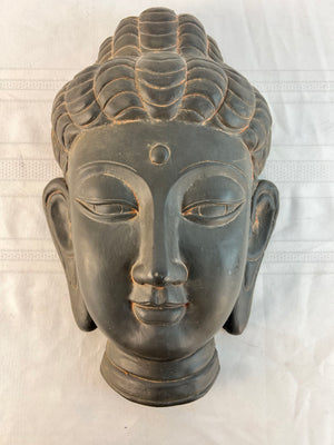 Large Plaster Cast Stone Buddha Head Wall Plaque Dark Gray Zen Wall Art 16"