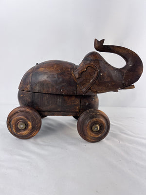 Vintage Indian Wooden Elephant Trunk Up Box On Wheels Antique Folk Art
