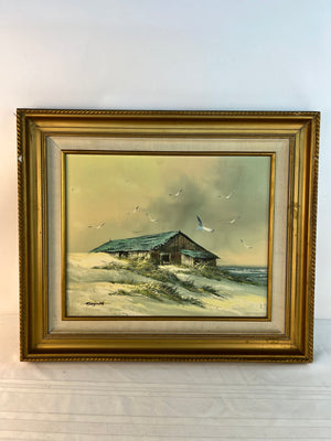 Vintage Maycom Original Seascape Oil Painting Framed Sand Dunes Seagulls Beach