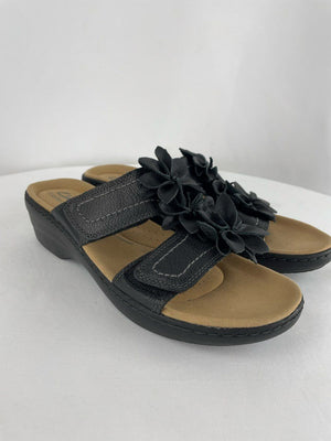 Clarks Collection Merliah Raelyn Black Leather Women's Adjustable Sandal 10M