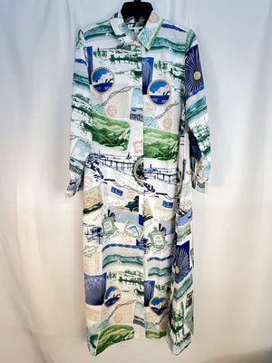 Chico's Port Call Shirtdress Maxi Ecru Postcard Stamp Print Dress Size 1 NWT