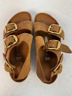 Birkenstock Milano Big Buckle Cognac Oiled Leather Sandals Gold Size 39 US 8