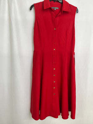 Sharagano NY Pure Red Collared Button Up Sleeveless Belted Dress Women 6 NWT