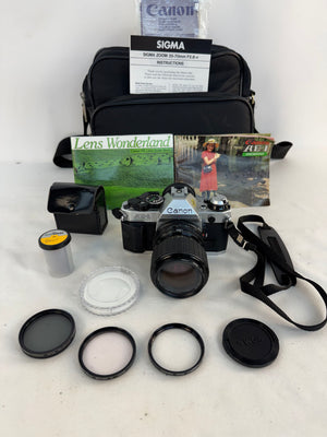 VTG Canon AE-1 Program Film Camera Sigma 35-70mm Lens Hanimex Filters Bag As-Is