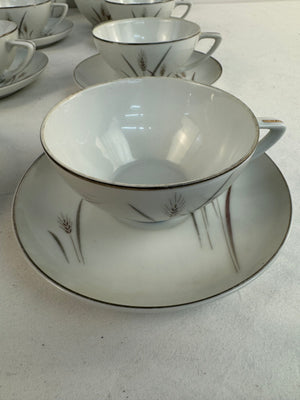 Vintage Platinum Wheat Fine China Japan 14 Cup 9 Saucer Set w/ Lidded Sugar Bowl