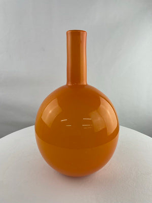 RARE Retro Orange Hand Blown Round Cased Art Glass Bulbous Pencil Neck Vase 14"