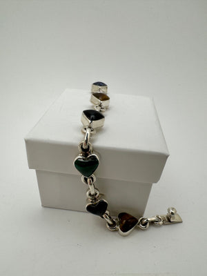 Taxco 925 Sterling Silver Malachite Bracelet 23.8g Onyx, Lapis, Tiger's Eye 7 in