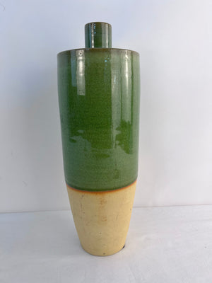 Vintage Ceramic Vase Pottery Green Beige Bottle Vase Decanter Two Tone 14"