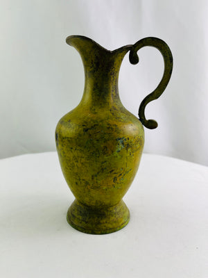 Possible Antique Romanesque Bronze Ewer Pitcher 8.5" Green Patina Scroll Handle
