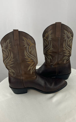 Laredo Men's Brown Distressed Leather Tan Yellow Inlay Cowboy Boots Size 11 EW