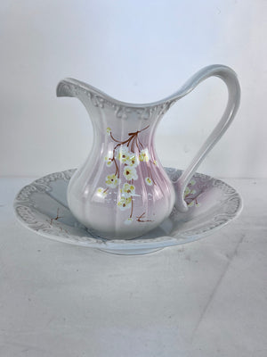 Vintage Fidia Deruta Italy Ceramic Wash Pitcher Basin Set Pink Floral Majolica