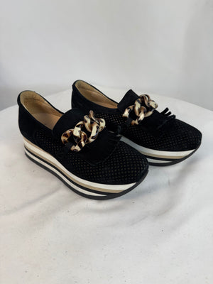 Softwaves Cadie Cloe Black Perforated Leather Platform Loafer Chain Fringe 36 6