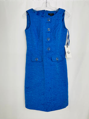 Tahari by ASL Howard Lee Blue Jacquard Faux Button Sheath Dress Size 2P NWT