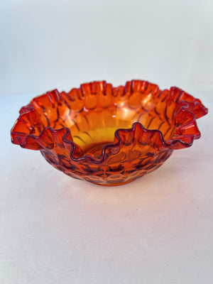 Vintage Fenton Glass Candy Dish Bowl Base Amberina Thumbprint Ruffle Rim 8"
