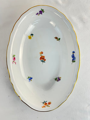 Meissen Porcelain Oval Platter Hand Painted Yellow Floral Gold German Dish 10.5"