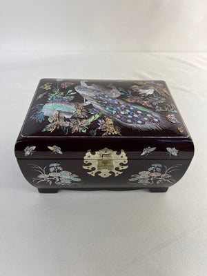 Korean Mother of Pearl Lacquer Jewelry Box Peacock Najeon Chilgi Mirror Red