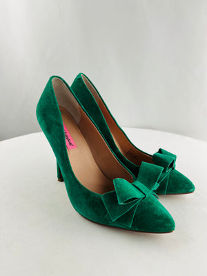 Betsey Johnson Remixx Green Suede Leather Stiletto Heels with Bow Size 8